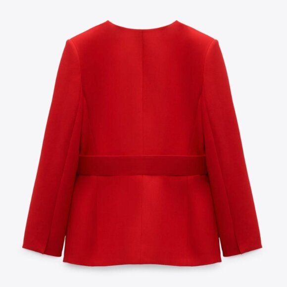 ZARA NEW WOMAN LONG BLAZER WITH LINED MATCHING BELT DRESS RED 2382/940 S - Picture 6 of 9